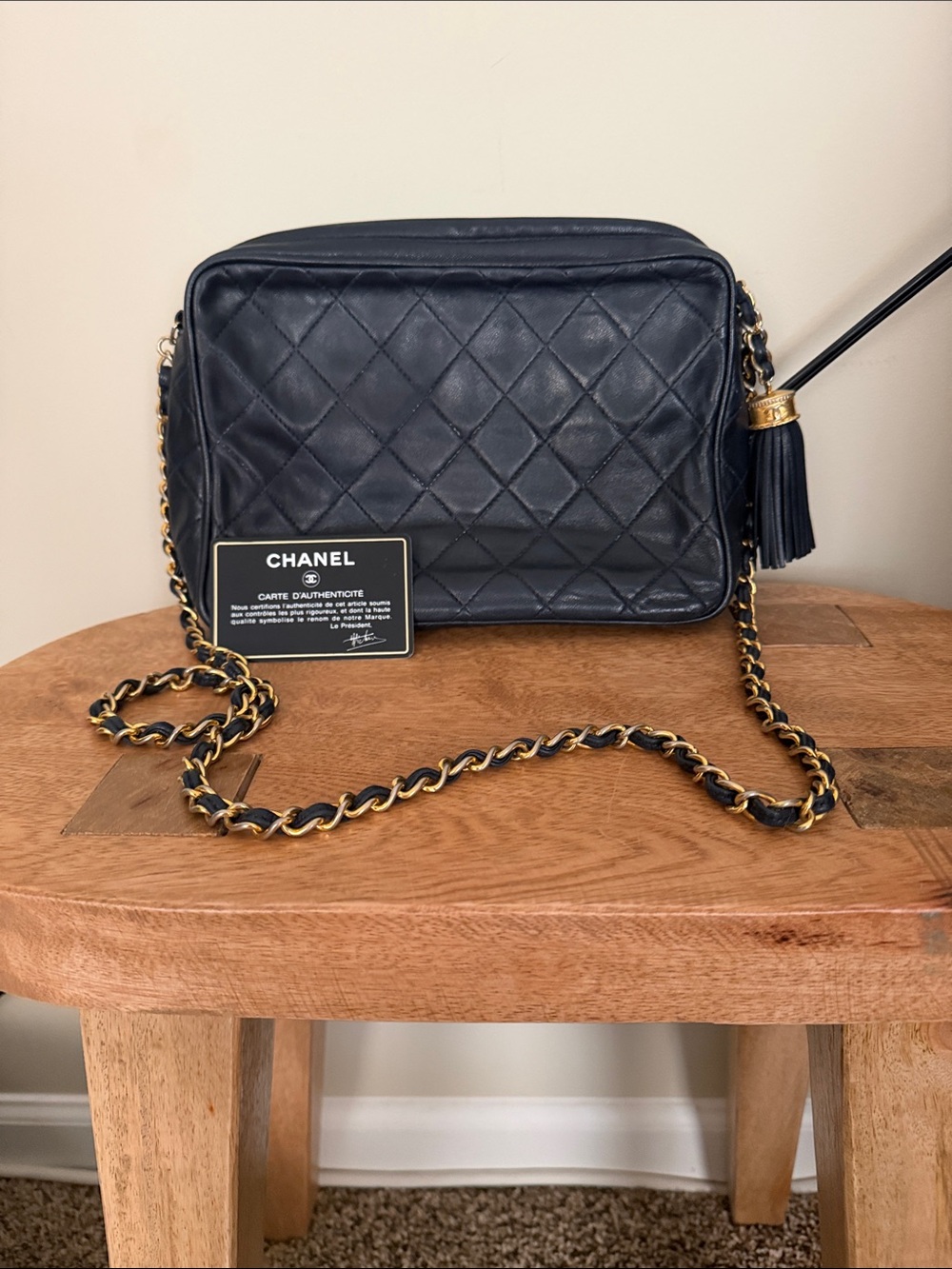 Chanel Vintage Navy Lambskin Leather Camera Crossbody Bag with Tassel